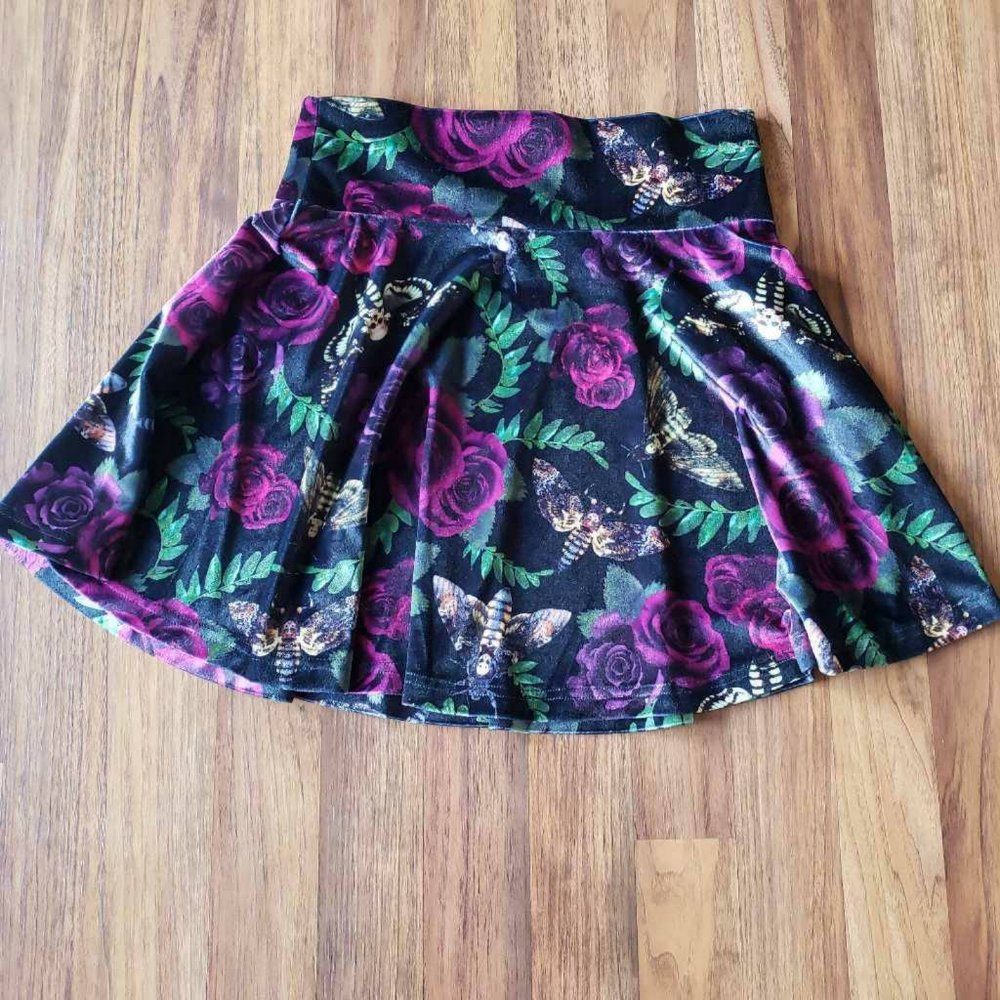 Killstar Womens Skater Mini Skirt Velvet Death Head Moths Roses  S